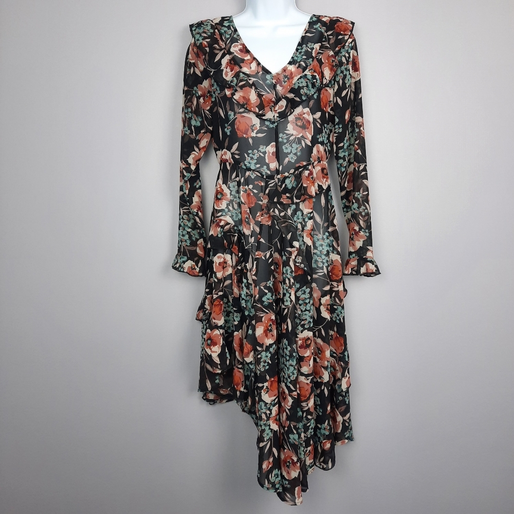 Hayden Black Floral Print Long Sleeve Asymmetrical Hem Sheer Midi Dress Small